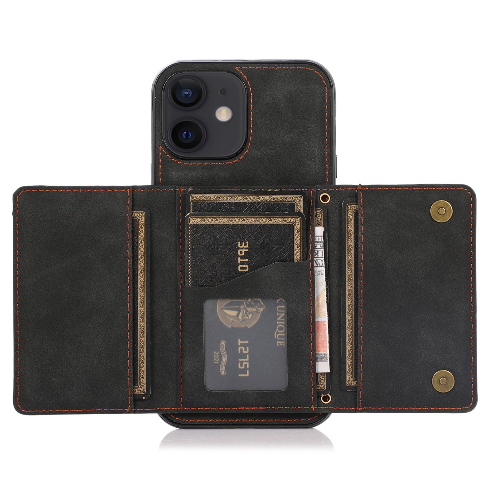 For iPhone 12 mini 5.4 inch Case Magnetic Button Tri-fold Wallet Kickstand PU Leather Coated TPU Cover - Black For iPhone 12 mini 5.4 inch Case Magnetic Button Tri-fold Wallet Kickstand PU Leather Coated TPU Cover - Black